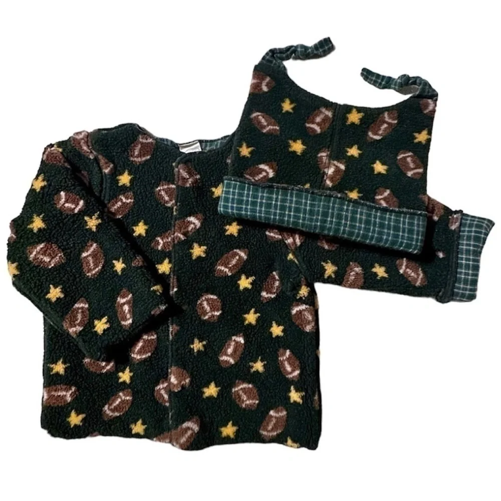 2pc STARTING OUT Green Fleece Football Stars Jacket Hat Plaid Snaps Boy Girl 24M